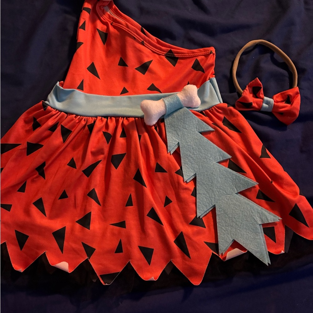 Kids Flintstones Pebbles Costume with Headband - Orange, White and Black